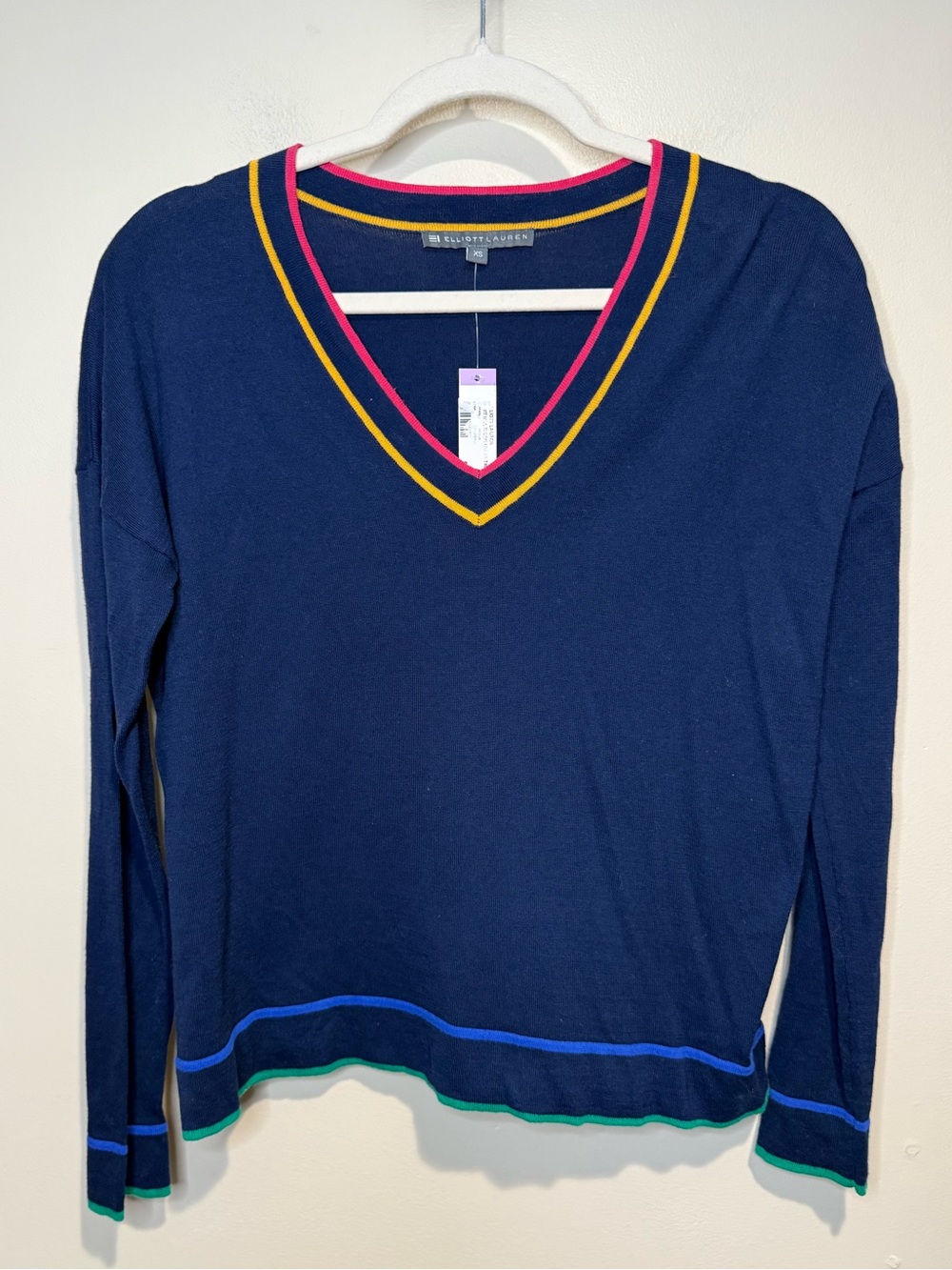 Elliott Lauren knit multi contrast trim v-neck sweater size XS